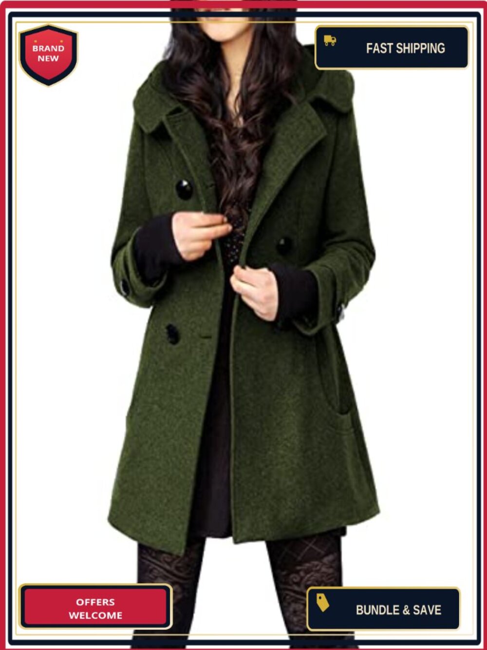 Wool Blend Hooded Peacoat Long Mid Length Double Breasted Winter Coat
